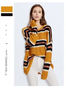 Striped long sleeve knit sweater for women, casual crewneck pullover with vibrant color block design.