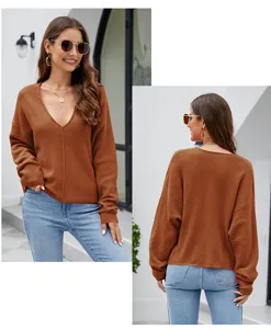Dames losse V-hals gebreide truien casual lange mouwen trui top voor herfst en winter