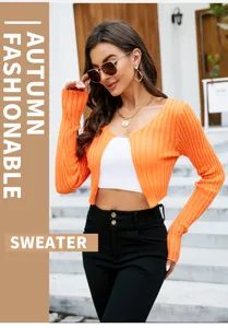 Women ribbed knit cropped cardigan V-neck solid color sexy slim fit long sleeve sweater