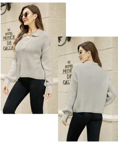Dames casual losse revers gebreide trui herfst winter lange mouw grijs topje design