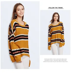Women's oversized striped knit sweater casual long sleeve crewneck pullover autumn top
