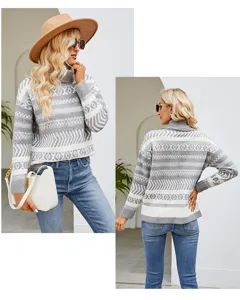 Casual loose turtleneck sweater with grey geometric knit pattern, cozy and stylish look.