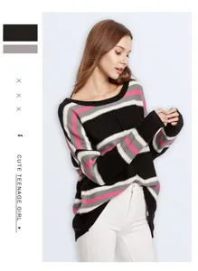 Detailed view of the stylish striped knit sweater featuring cozy long sleeves and a relaxed fit.