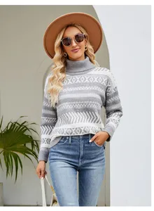 Detailed view of the casual grey turtleneck knit sweater featuring geometric patterns and cozy fit.