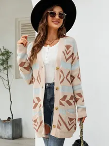 Women oversized geometric knit cardigan sweater, casual long sleeve button down outerwear.
