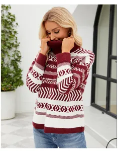 Cozy turtleneck knit sweater detail view, showcasing the elegant burgundy and white pattern.