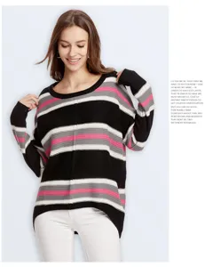 Oversized striped sweater featuring long sleeves, scoop neck and bold black pink white grey pattern.
