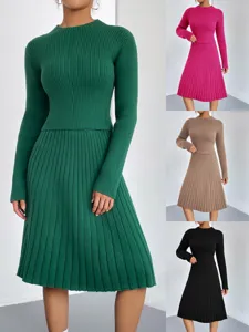 Women Casual Long Sleeve Crew Neck Knit Sweater And A-Line Pleated Skirt Two-Piece Set Elegant Autumn Winter Outfit