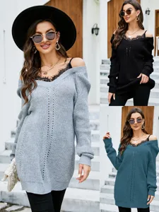 Damen V-Ausschnitt Spitze Patchwork Langarm Lockerer Pullover Acryl Pullover