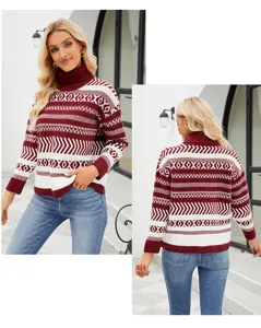 Women's cozy turtleneck knit sweater featuring stylish red and white geometric patterns for daily wear.