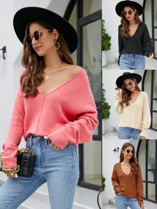 Herfst Winter Dames Casual Lui Stijl V-Hals Vleermuismouw Pullover Trui Effen Kleur Losse Breiwaren