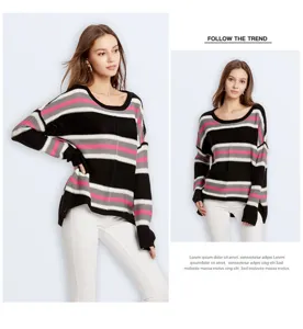 Women casual long sleeve striped knit pullover sweater, comfortable autumn winter fashion top.