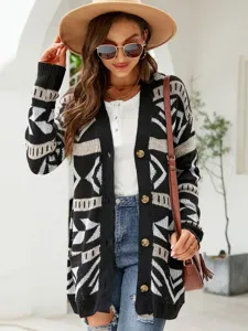 Women's geometric oversized knit cardigan sweater autumn winter long sleeve outerwear top