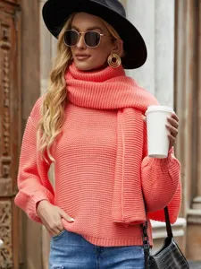 Suéter Casual Holgado de Otoño Invierno de Acrílico para Mujer Cuello Redondo Manga Larga Color Sólido con Bufanda