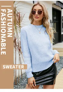 Donna maglione lavorato a maglia manica lunga girocollo monocolore moda autunno top