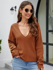 Dames V-Hals Lange Mouw Losse Gebreide Trui Casual Pullover Herfst Winter Warm Top