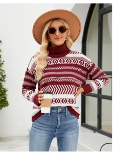 Detailed view of women casual turtleneck knit sweater with geometric pattern in autumn winter.