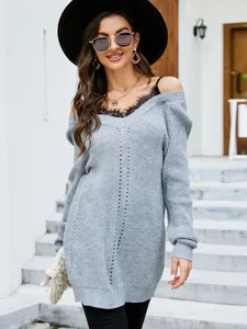 Grauer Damen V-Ausschnitt Pullover mit Spitze Fake Zweiteiliger Strickwaren Tops Stil