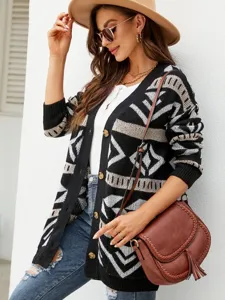 Women open front geometric knit cardigan winter casual long sleeve sweater coat outerwear