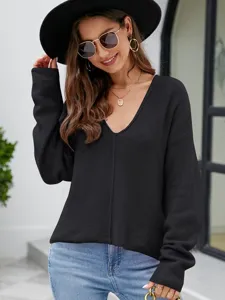 Dames zwarte V-hals gebreide trui casual losse lange mouwen pullover herfst dagelijkse top
