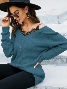 Sexy Spitzen Patchwork V-Ausschnitt Pullover Damen lose gefälschte zweiteilige Stricktop