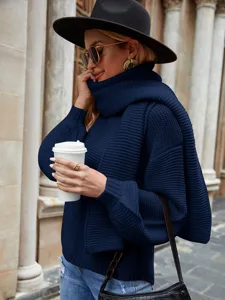 Jersey monocolor de cuello alto para mujer con bufanda top de punto otoño invierno