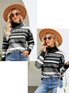 Detailed view of the stylish turtleneck knit sweater with geometric pattern in black and white.