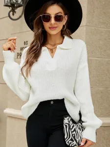 Dames witte gebreide trui casual losse V-hals polokraag lange mouw herfst top chic mode