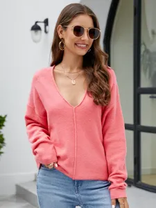 Dames V-hals Oversized Gebreide Trui Casual Lange Mouw Trui Roze Top Voor Herfst