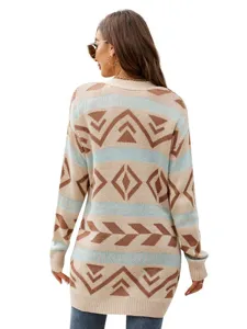 Women fall winter geometric aztec print knit cardigan long sleeve open front sweater coat