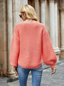 Suéter de punto holgado de color liso con cuello redondo para mujer otoño invierno.