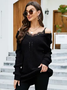 Damen sexy spitze spleißen v-ausschnitt langarm pullover strickwaren oberteil hauptansicht