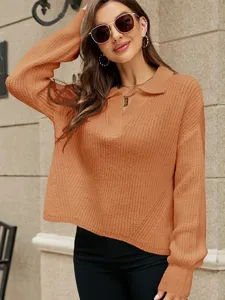 Vrouwen herfst winter casual losse revers gebreide trui effen kleur lange mouw top