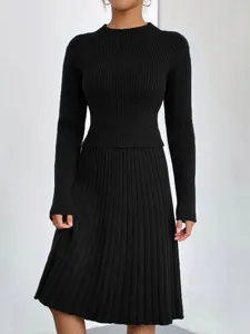 Elegant solid color ribbed knit sweater and pleated skirt two piece set for women outfit