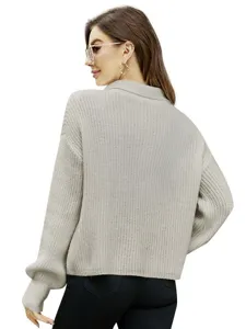 Dames casual revers gebreide trui herfst winter effen kleur losse pullover top mode