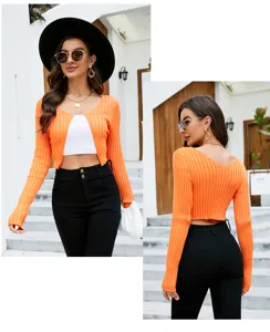 Women solid color slim cropped knit cardigan sexy long sleeve sun protection top