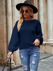 Suéter de punto de manga larga con cuello redondo liso para mujer, parte superior holgada casual otoño.