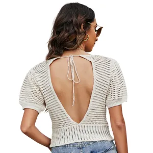 Top en tricot ajouré pour femme, pull court sexy dos nu à manches bouffantes.