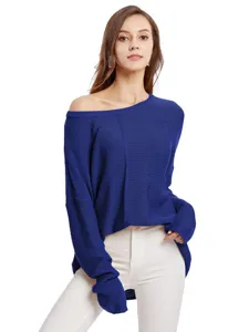 Women off-the-shoulder long sleeve solid blue knit sweater casual pullover top main view
