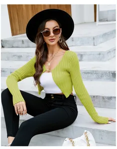 Women solid color slim fit short knit cardigan sexy cropped thin sun protection top coat