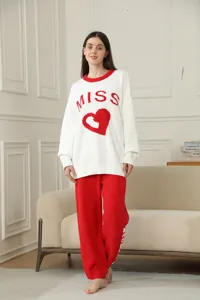 Cozy Valentine heart fleece loungewear set with long sleeve top and warm casual pants.