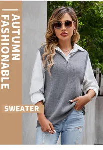 Detalle de chaleco de jersey de punto gris con cuello en V, top sin mangas casual.