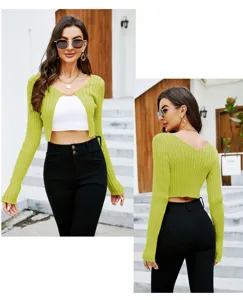 Green cropped ribbed knit cardigan, slim fit long sleeve open front shrug top for women.