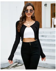 Slim fit black ribbed knit cardigan paired with white crop top for women stylish daily wear.