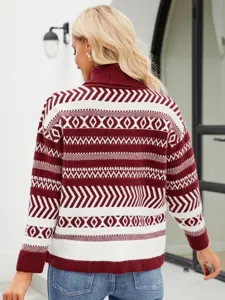 Women's autumn winter loose turtleneck sweater casual red white knit pullover main view