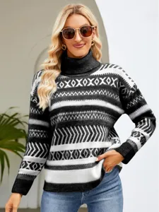 Casual women geometric turtleneck sweater winter warm loose long sleeve knitted pullover