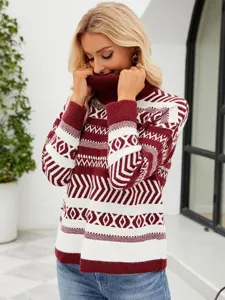 Oversized turtleneck knit sweater for women, cozy casual winter geometric pullover top.