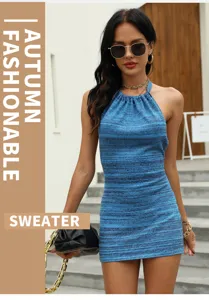 Blue knit halter mini dress, sexy slim fit bodycon sleeveless design for summer party.