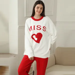 Women Long Sleeve Loungewear Set Thick Flannel Pajamas Warm Winter Casual Cute Heart Print Top And Bottom Sleepwear