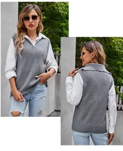 Chaleco de punto gris para mujer cuello en V cremallera sin mangas parte superior casual